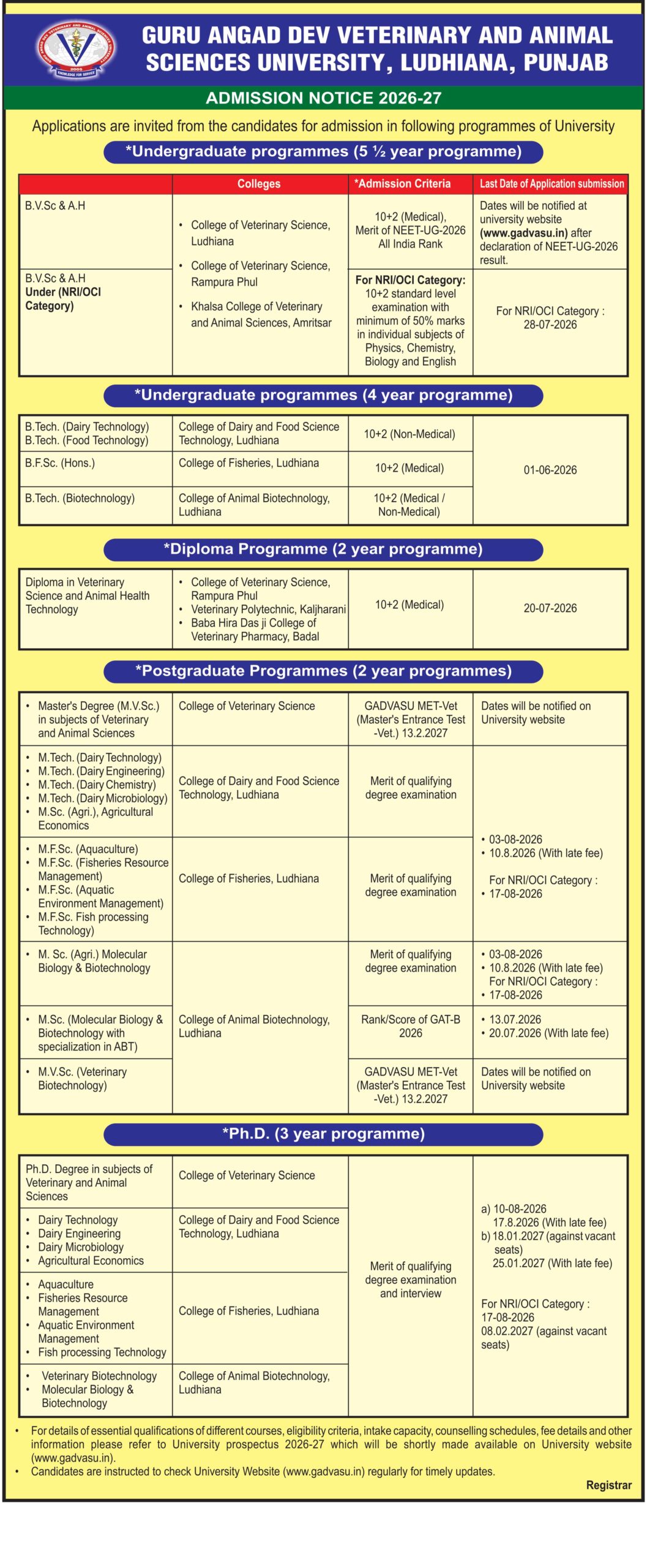 Admission for various Undergraduate, Masters, Ph.D., Diploma Programmes and PG-Diploma/ Short/Certificate Courses for academic year 2026-27 